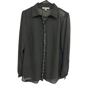 My Collection Medium Black Sheer Long Sleeve Embellished Button-Up Blouse